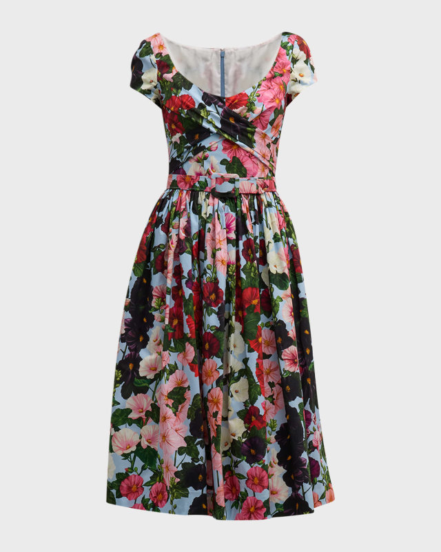 Hollyhocks-Print Cap-Sleeve Drape Midi Dress With Self Belt